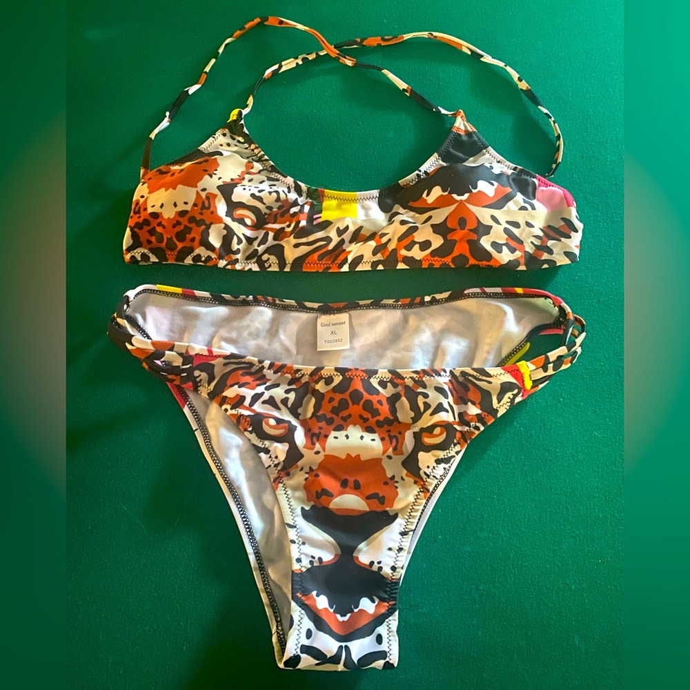 Rare Leopard Tiger Eye Cat Face Animal Print String Bikini Set Halter Tie S M L